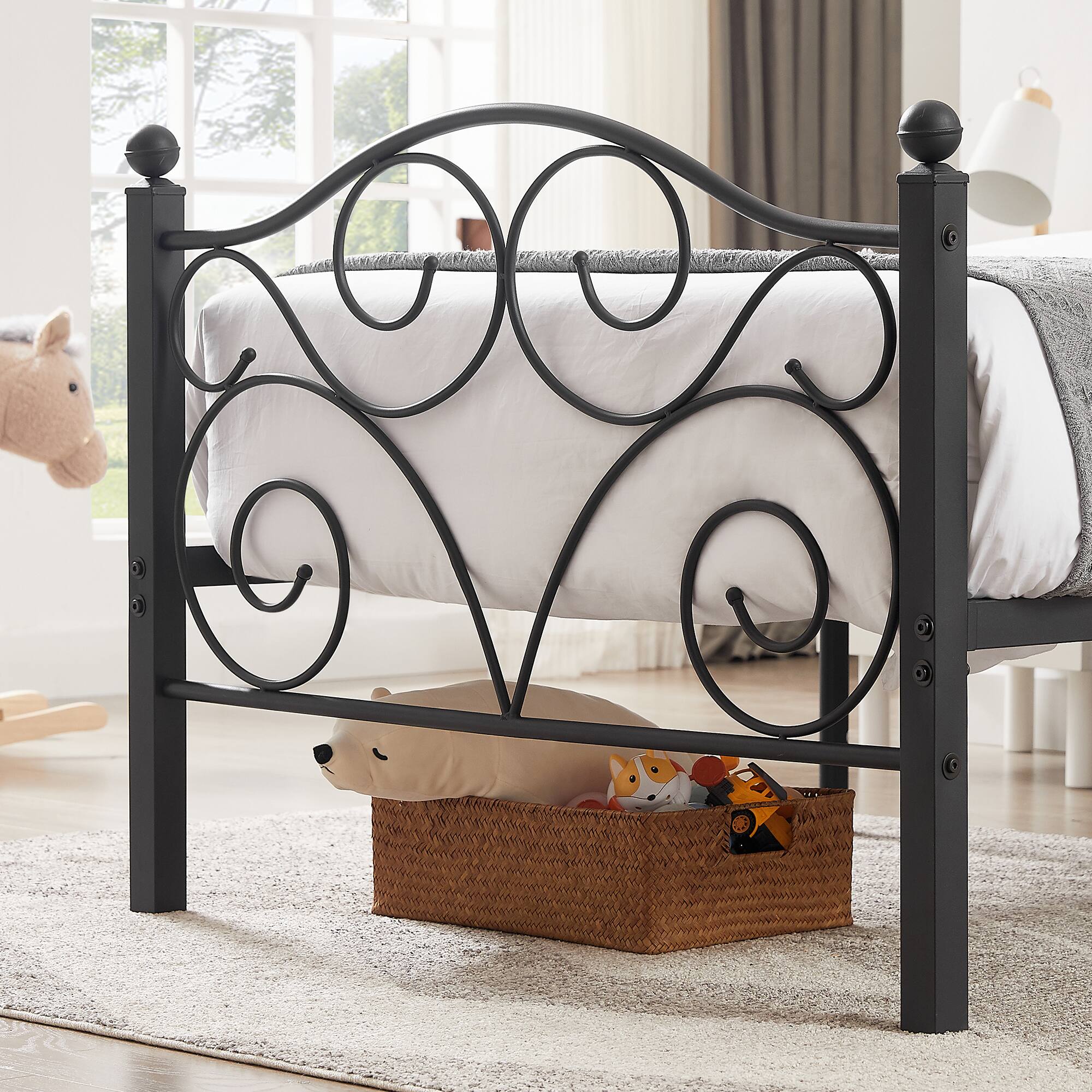 Alt View 2. Vecelo - Twin Bed Frame with Headboard & Footboard, Heavy Duty Steel Slats - No Box Spring, Easy Assembly, Dark Black - Black.