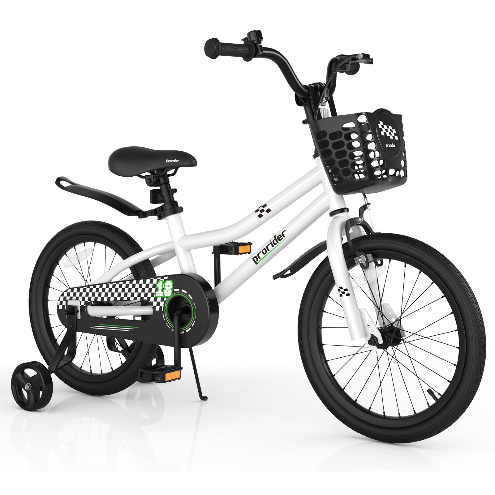 Costway - 18" Kid's Bike with Removable Training Wheels & Basket for 4-8 Years Old - White