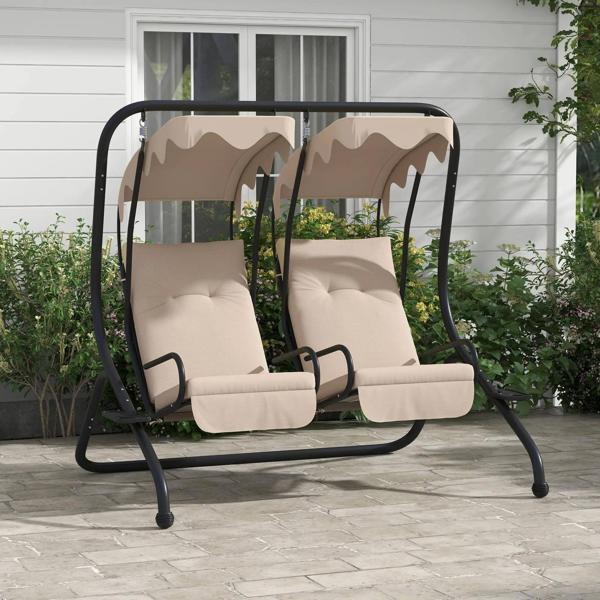 Back. Resenkos - Resenkos 2-Seater Swing With Canopy, Patio Garden Swing, Poolside Relaxation, Backyard Seating, Beige.
