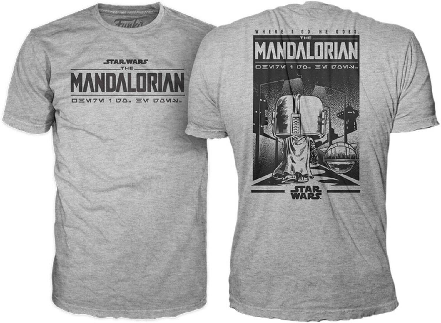 Sure, here is the corrected and grouped text from the image:

**Front:**
- STAR WARS
- THE MANDALORIAN
- WHERE I GO, HE GOES

**Back:**
- WHERE I GO, HE GOES
- THE MANDALORIAN
- STAR WARS