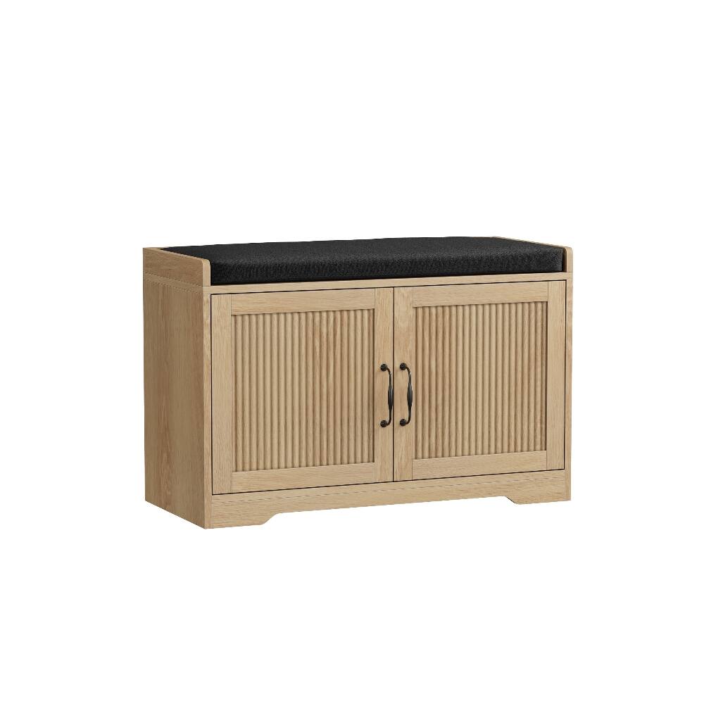 Alt View 10. Ropilly - Ropilly 31.5-Inch Oak Entryway Shoe Bench, Double Door Shoe Storage Cabinet with Cushioned Seat for Hallway - Oak.