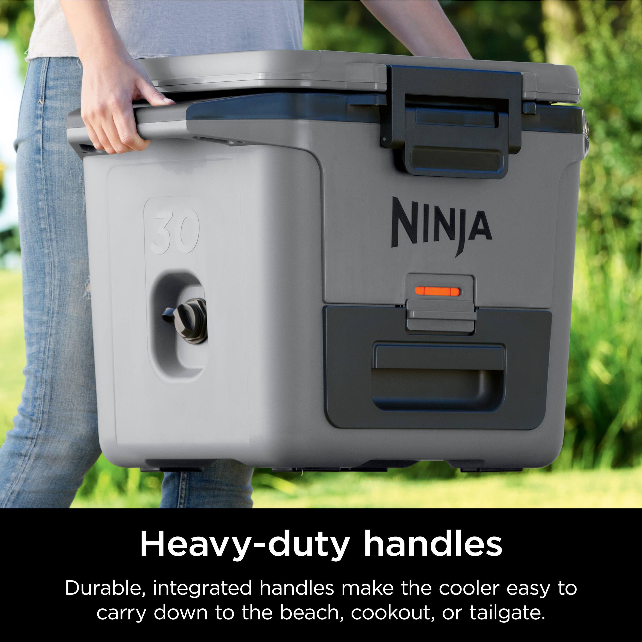 The text on the image reads: "30 NINJA Heavy-duty handles Durable, integrated handles make the cooler easy to carry down to the beach, cookout, or tailgate."