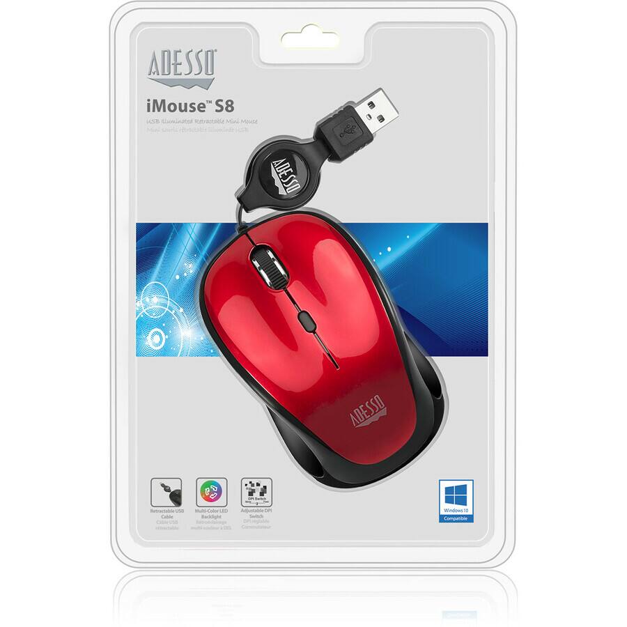 ADESSO  
iMouse™ S8  
USB Illuminated Retractable Mini Mouse  
Mini souris rétractable lumineuse S8  

- Retractable USB  
- Multi-Color LED  
- Auto DPI Switch  
- Compatible with Windows 10  

Windows 10 Compatible