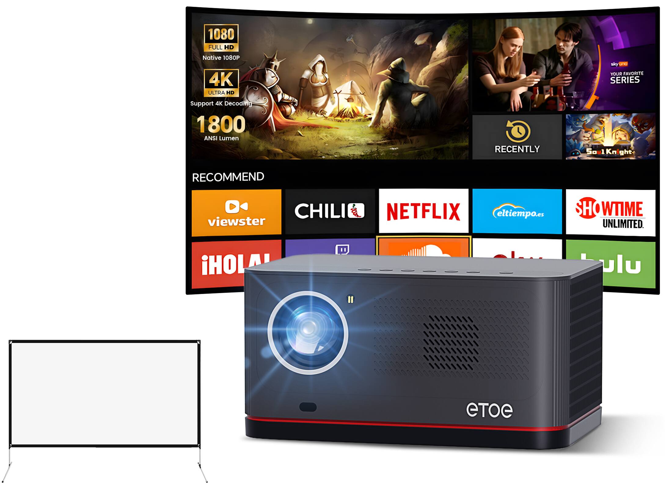 1080 FULL HD Native 1080P 4K ULTRA HD 4K Support 4K Decoding 1800 ANSI Lumen RECENTLY 5a 1 Knight RECOMMEND O CHILI viewster NETFLIX eltiempo.es SHOWTIME UNLIMITED. iHOLU