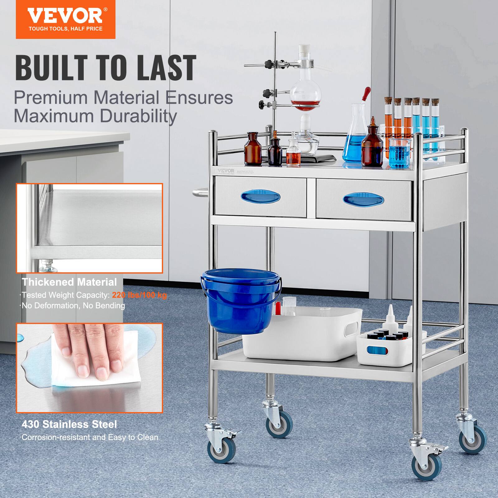 VEVOR TOUGH TOOLS, HALF PRICE
BUILT TO LAST
Premium Material Ensures Maximum Durability
VEVOR Thickened Material
Tested Weight Capacity: 220 lbs/ 100 kg
No Deformation, No Bending
430 Stainless Steel
Corrosion-resistant and Easy to Clean