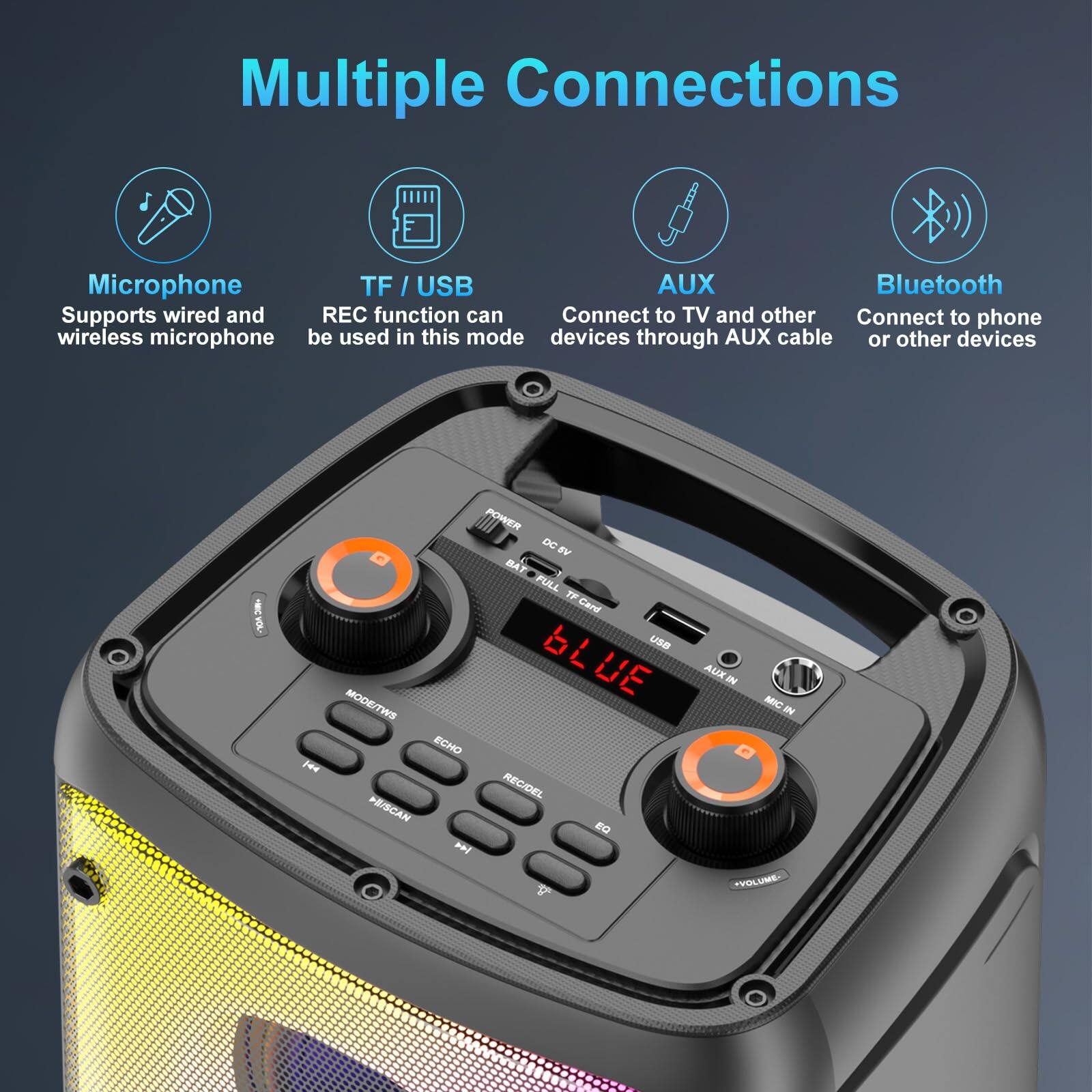 Multiple Connections

- Microphone
  - Supports wired and wireless microphone

- TF / USB
  - REC function can be used in this mode

- AUX
  - Connect to TV and other devices through AUX cable

- Bluetooth
  - Connect to phone or other devices