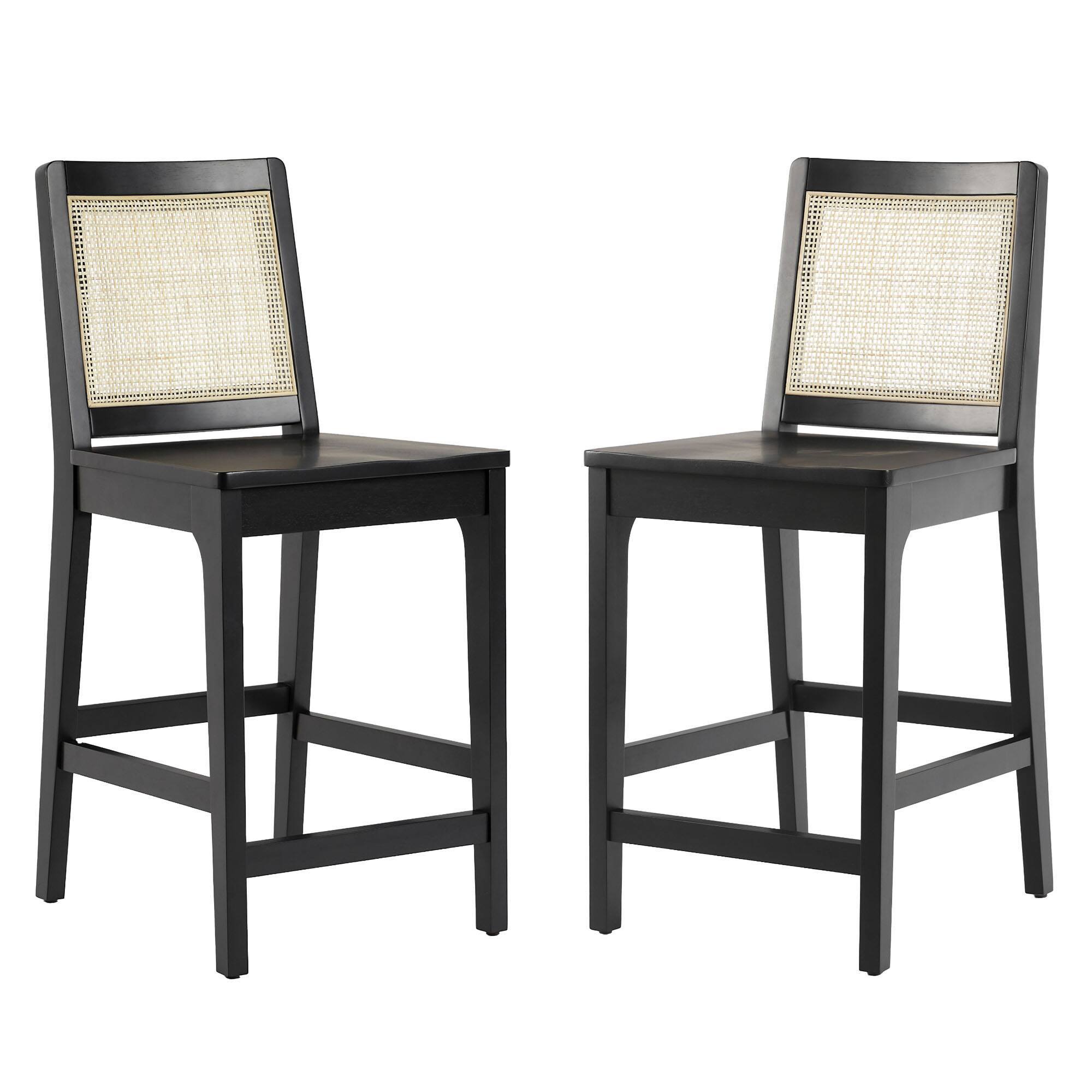 Walker Edison - Contemporary Rattan Back Inset Wood Counter Stool (2-Piece Set) - Black - Front_Zoom
