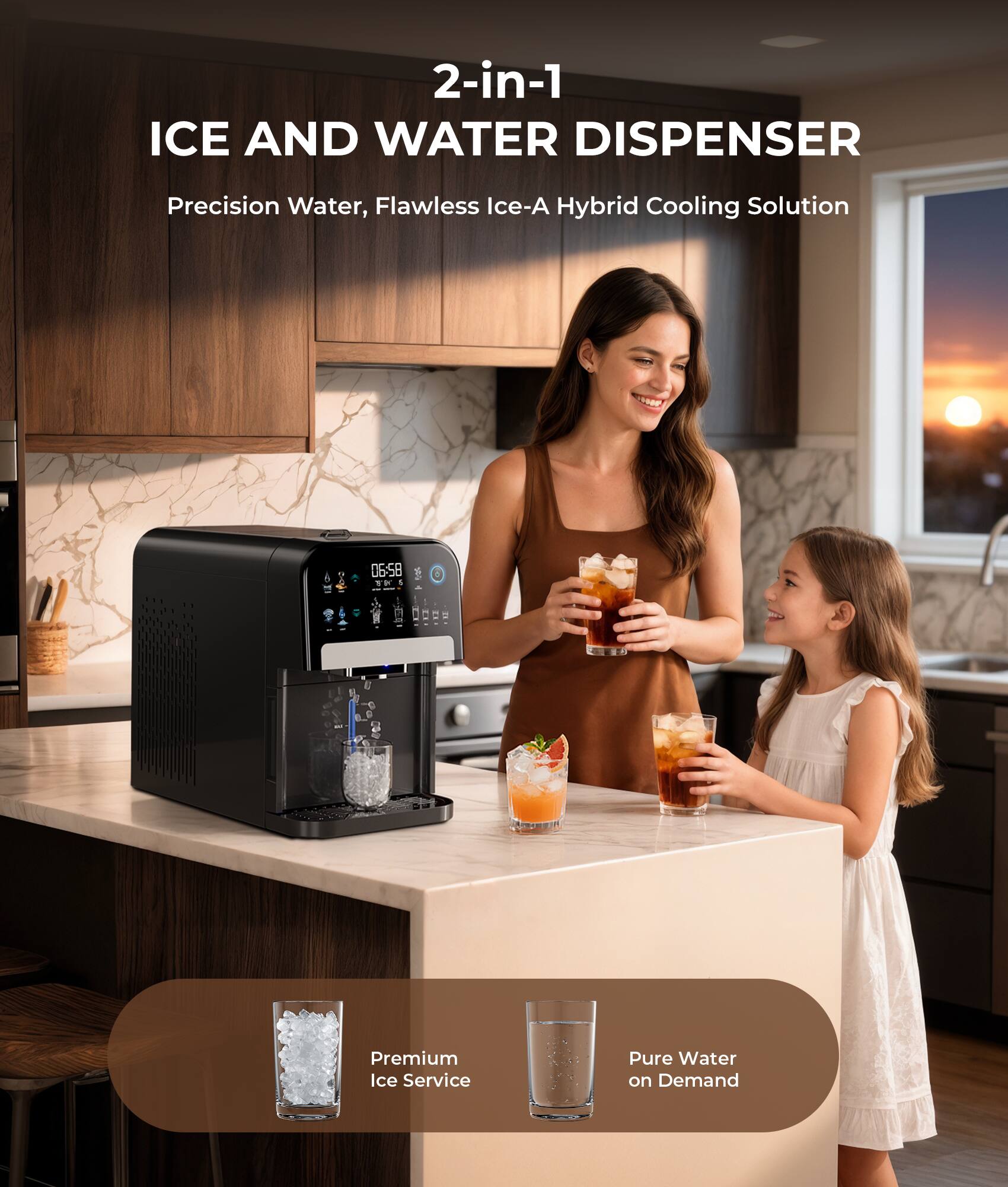 2-in-1 ICE AND WATER DISPENSER  
Precision Water, Flawless Ice-A Hybrid Cooling Solution  

Premium Ice Service  
Pure Water on Demand