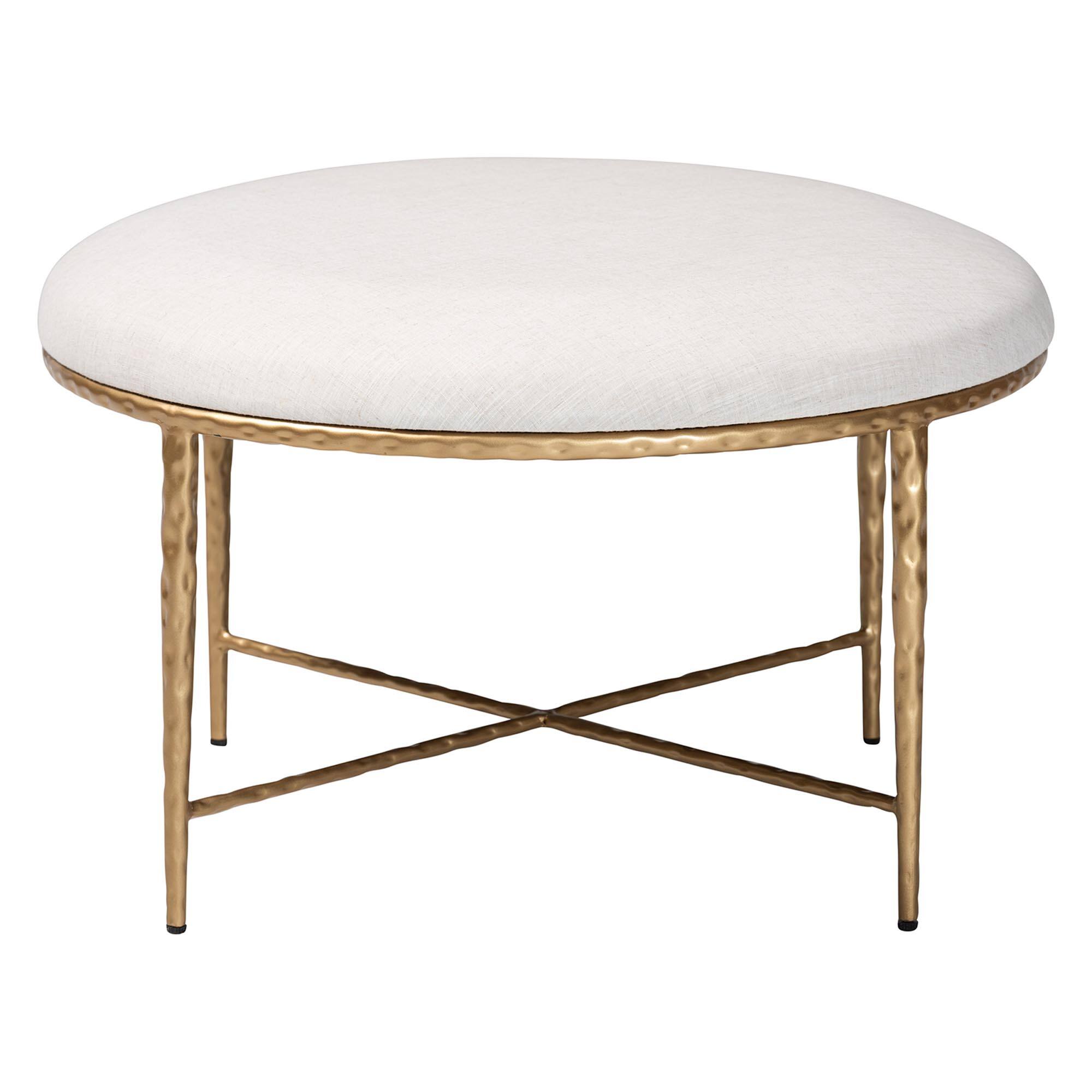 Angle. Baxton Studio - Fumiye Cocktail Ottoman - Modern Rustic Accent Stool with Hand-Forged Metal Frame and Upholstered Seat, Round 30" - Ivory/Gold.
