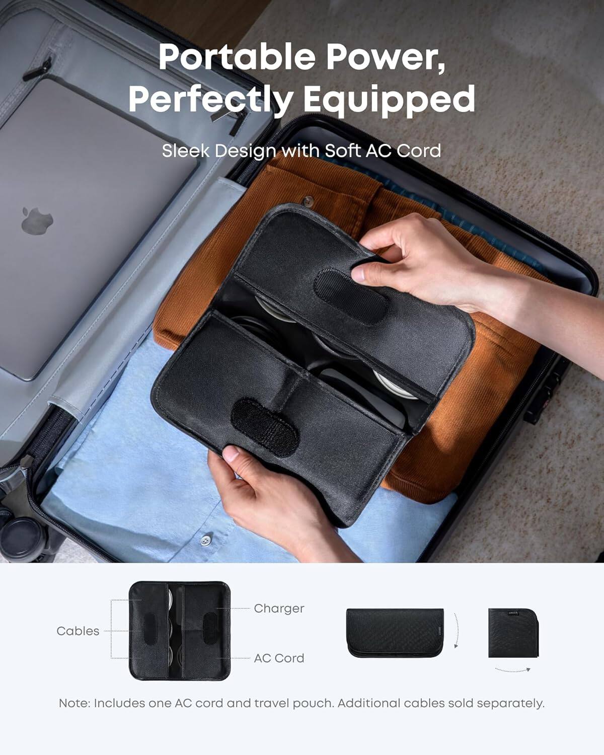 Portable Power, Perfectly Equipped  
Sleek Design with Soft AC Cord  

Note: Includes one AC cord and travel pouch. Additional cables sold separately.