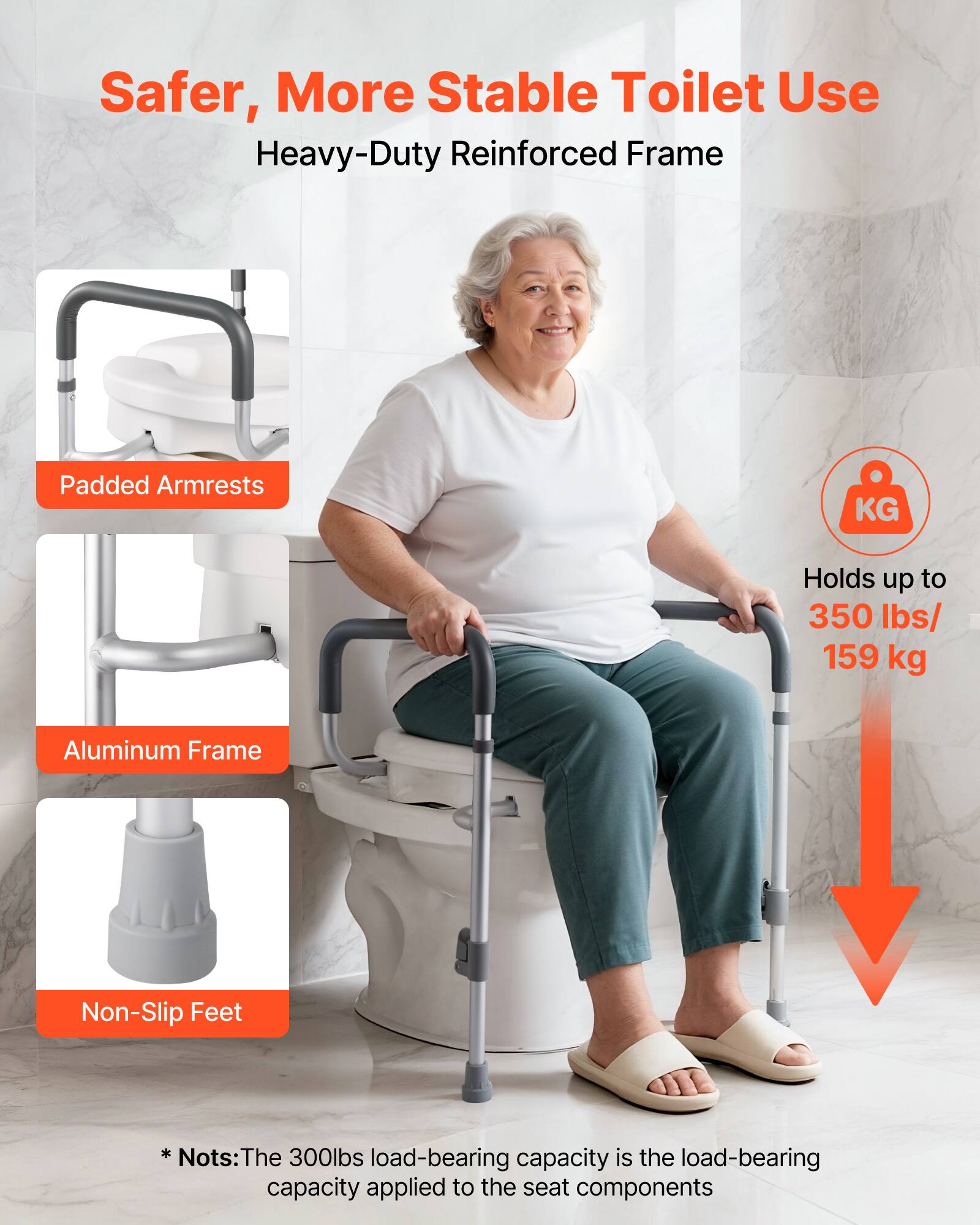 Safer, More Stable Toilet Use  
Heavy-Duty Reinforced Frame  
Padded Armrests  
Aluminum Frame  
Non-Slip Feet  

Holds up to 350 lbs/ 159 kg  

*Notes: The 300lbs load-bearing capacity is the load-bearing capacity applied to the seat components