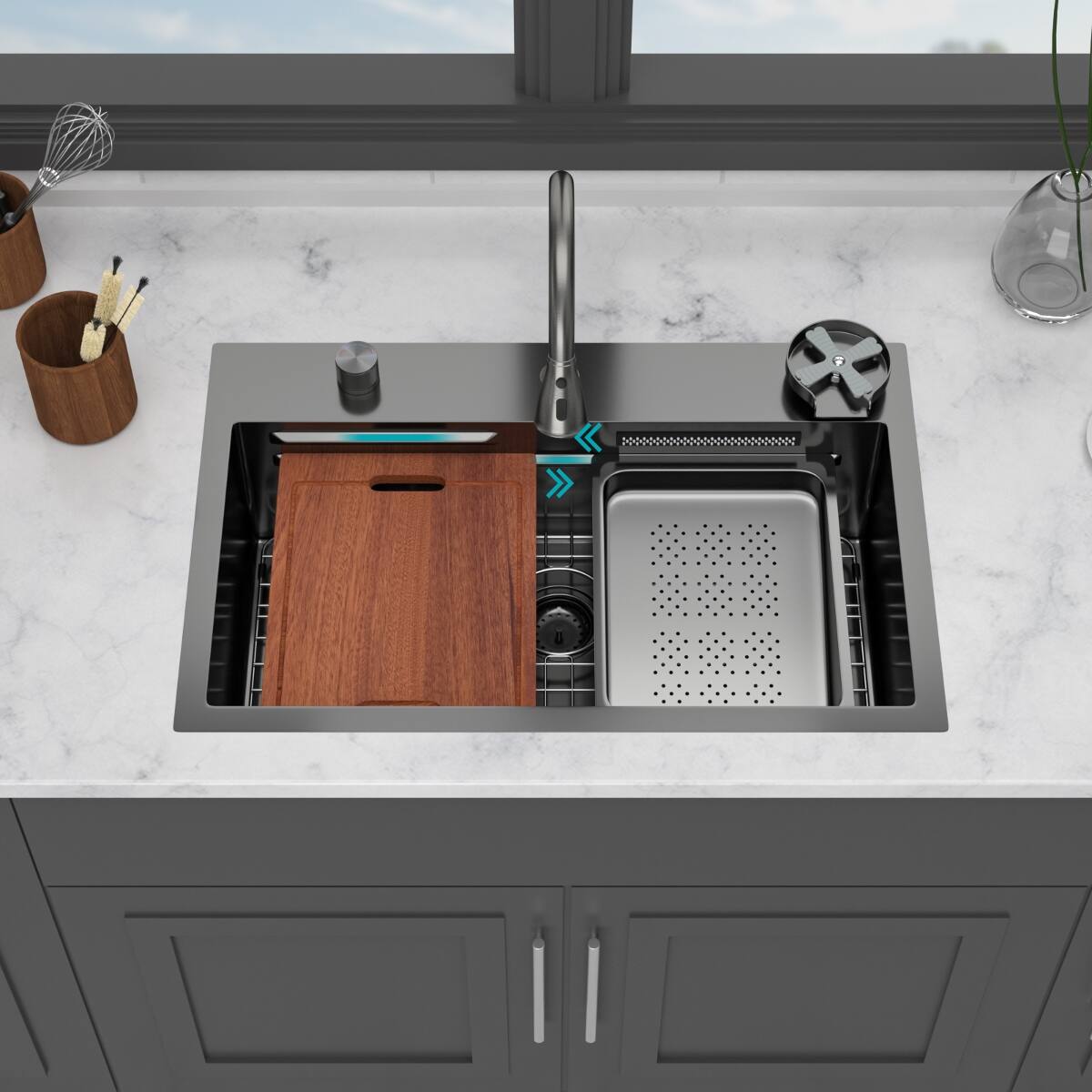 Front. Ropilly - Ropilly 31.5 Inch Drop In Waterfall Kitchen Sink Gunmetal Black Single Bowl Workstation with Pull Down Faucet - Gunmetal Black.