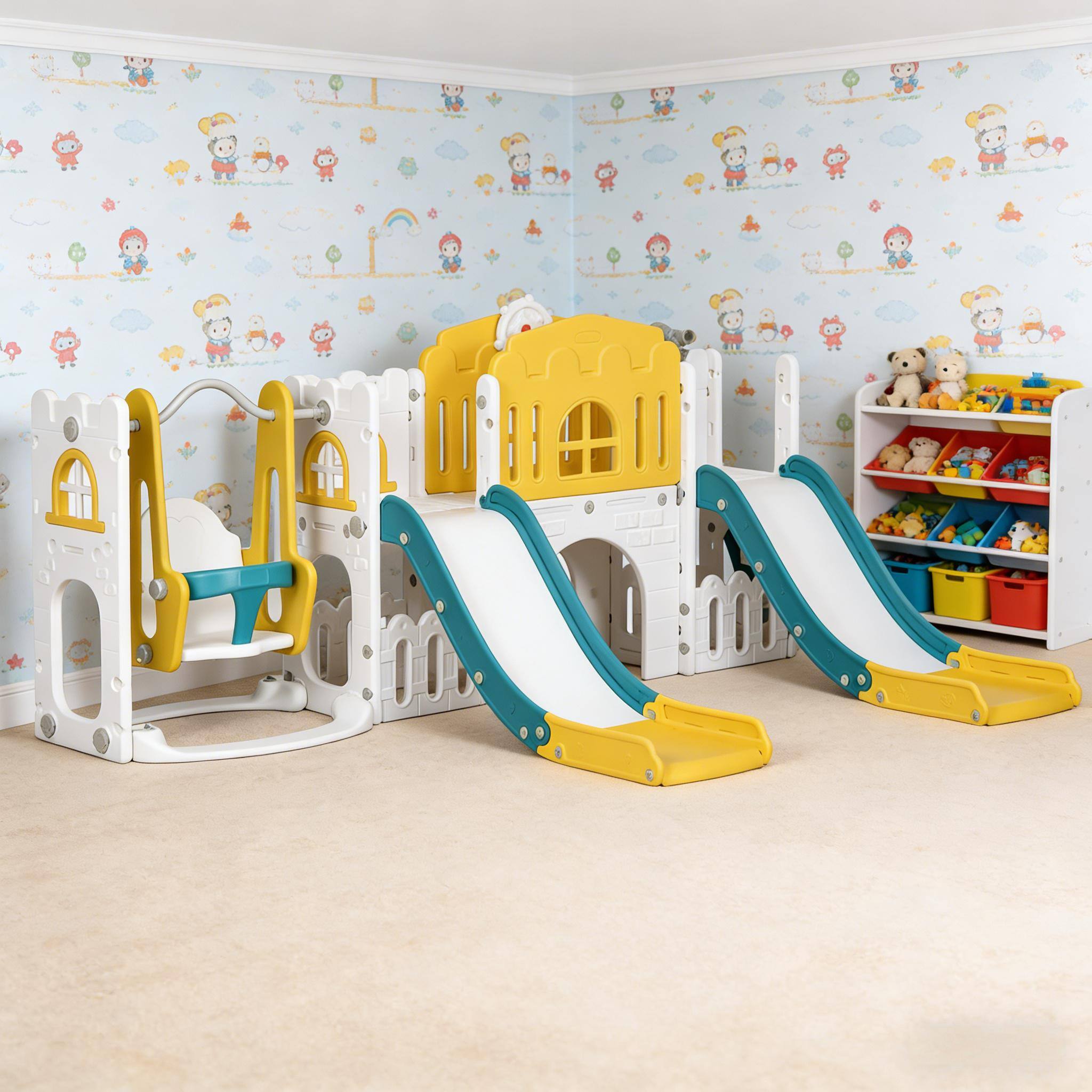 Siljoy - 8-in-1 Kids Slide & Swing Set, 2 Slides, Swing, Hoop, for Toddlers 1‑3, 66lb Capacity, Indoor Playset - White,Yellow price history on PriceWatchPro