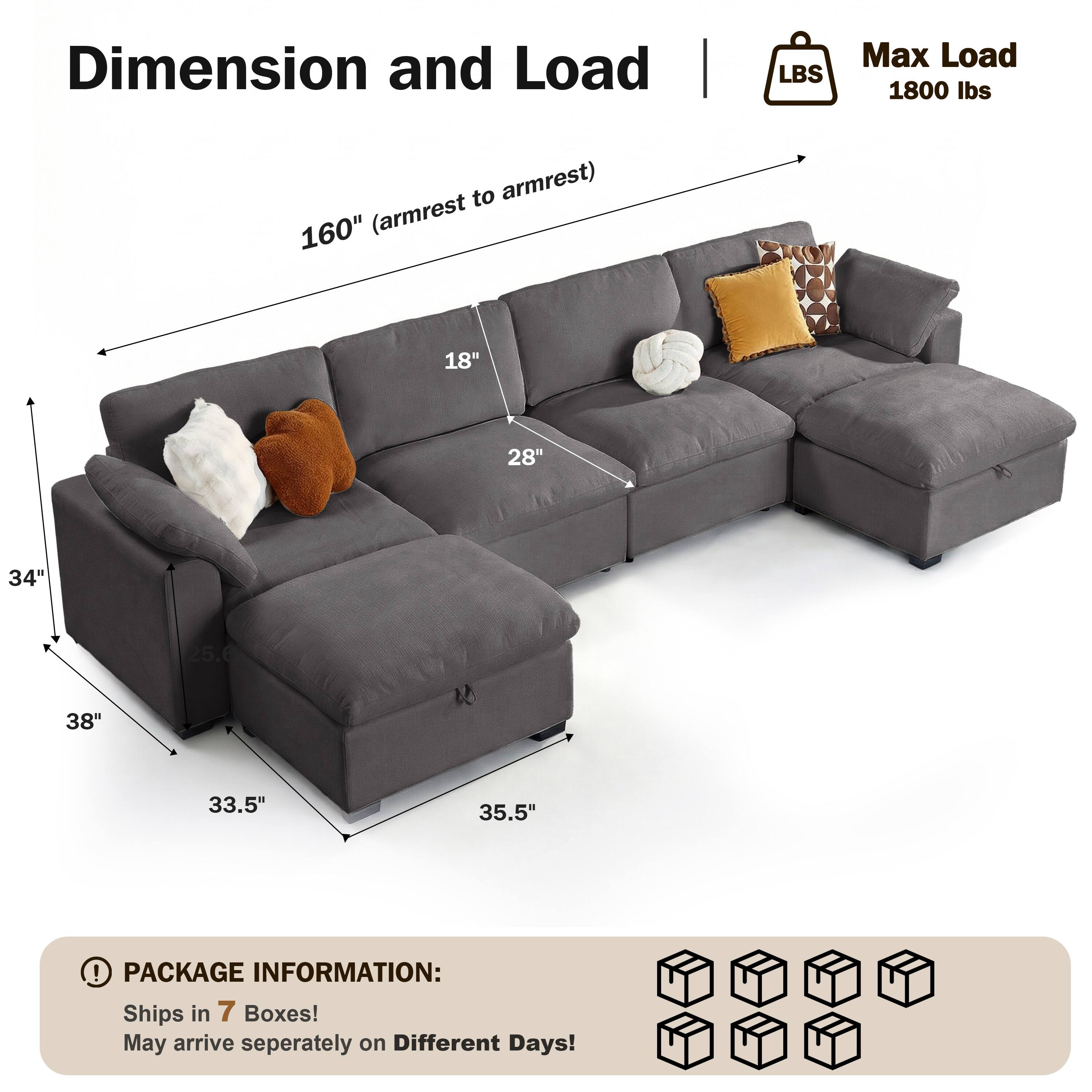 Dimension and Load  
Max Load: 1800 lbs  
160" (armrest to armrest)  
18"  
28"  
34"  
38"  
25.6"  
33.5"  
35.5"  

PACKAGE INFORMATION:  
Ships in 7 Boxes!  
May arrive separately on Different Days!