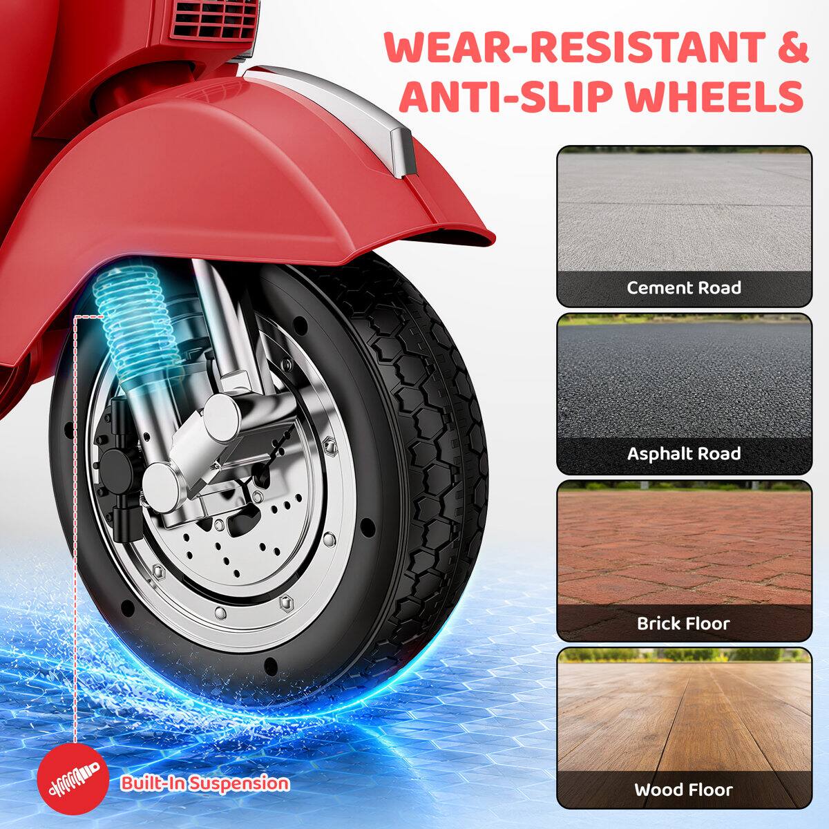 WEAR-RESISTANT & ANTI-SLIP WHEELS

Cement Road  
Asphalt Road  
Brick Floor  
Wood Floor  

Built-In Suspension