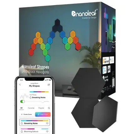 Nanoleaf Shapes Ultra Black Hexagons - Smarter by Design - Nanoleaf Shapes Ultra Black Hexagons - Living Room - My Shapes - All Favorite Playlist + Create Scene - Magic Scene - Streaking Notes - Blooming Sakura.