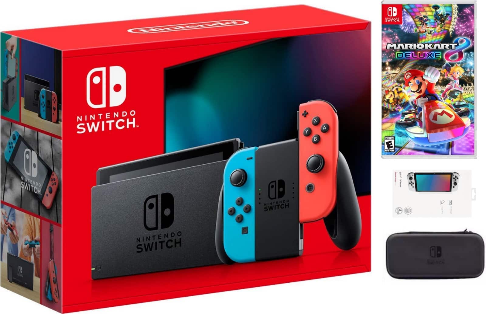 Switch Neon Bundle With Accessories and Mario Kart 8 Deluxe Game - Nintendo Switch
