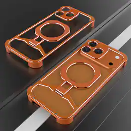 Dteck - Rugged Bumper Case for Apple iPhone 17 Pro Max with Ring Kickstand, Ultra-Thin Shockproof Magnetic Aluminum Frame Cover - Orangesilver
