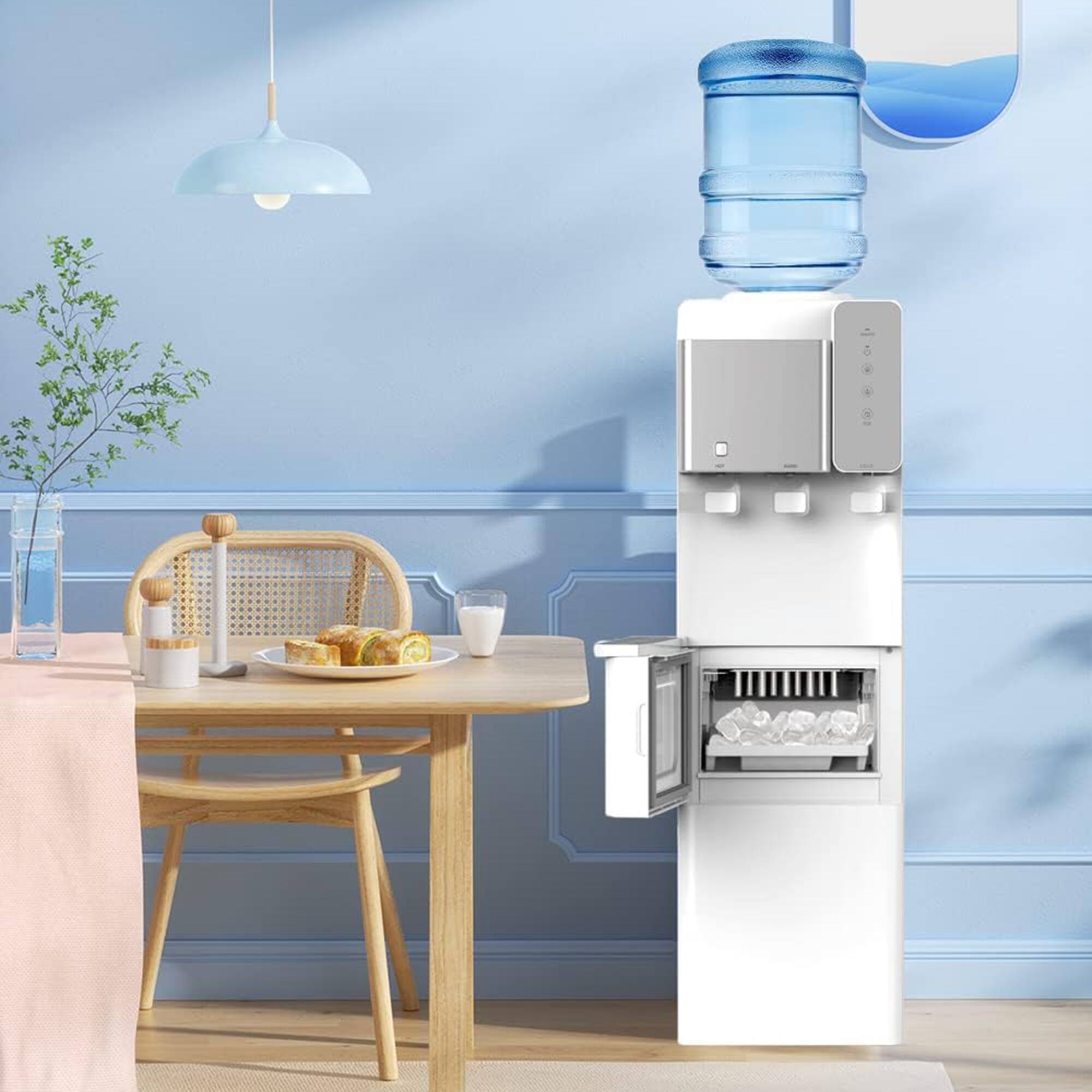 Angle. Parrot Uncle - 2-in-1 Top Loading White 27lbs/24h Water Dispenser Cooler with Built-in Ice Maker - White.