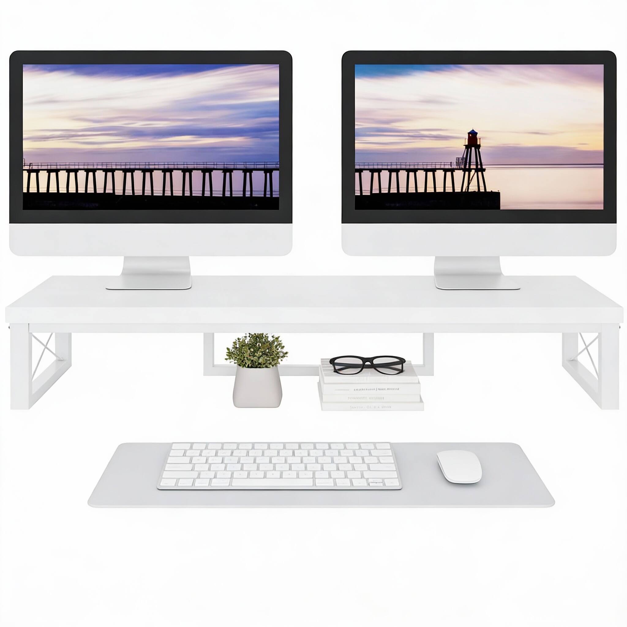 Front. Frangdom - White Dual Monitor Riser Wood Shelf Steel Legs 2 Screen Desk Stand - White.