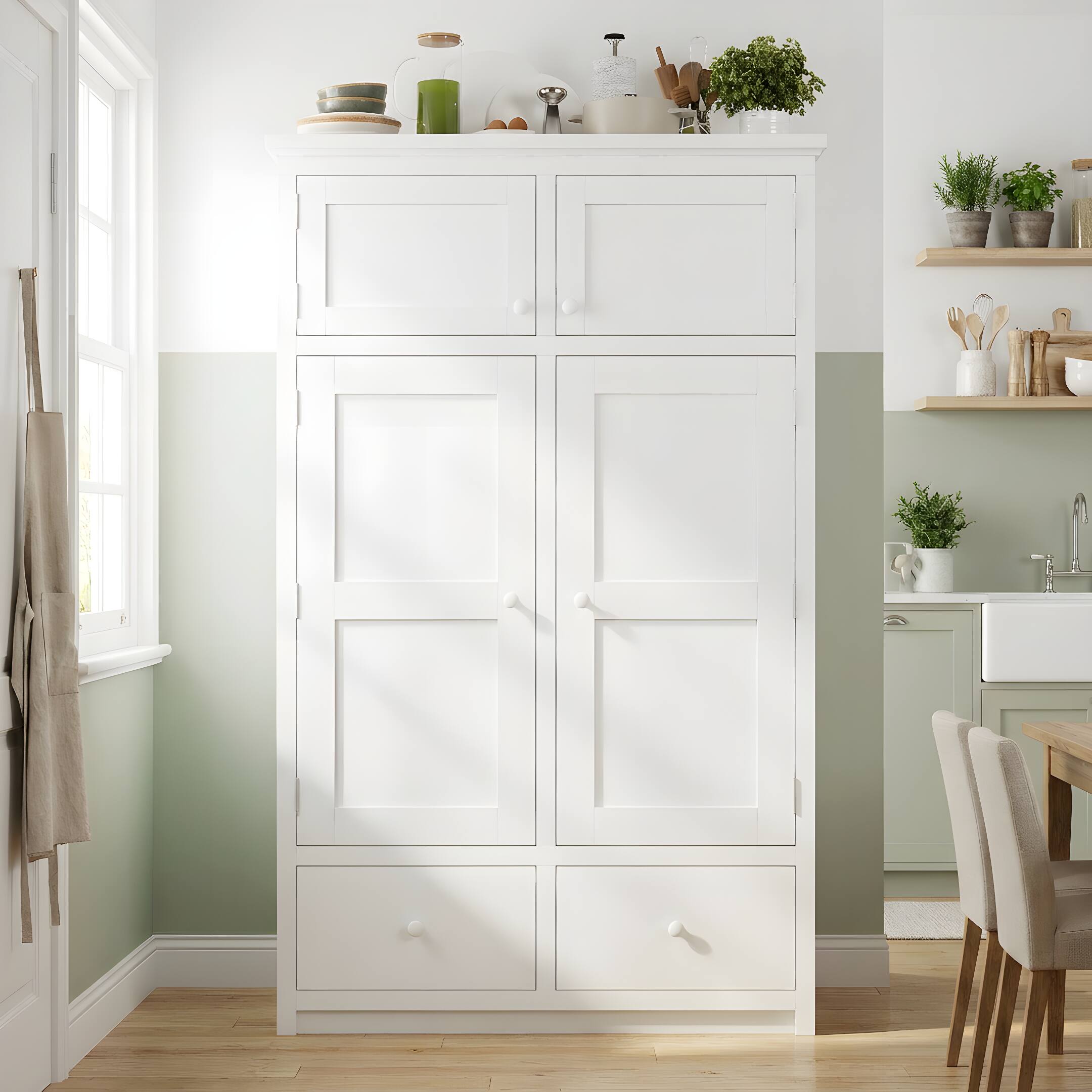 Angle. Whisen - 46.5" W Kitchen Pantry Cabinet, Freestanding Storage Hutch with 6 Drawers & 8 Door Shelves - White.
