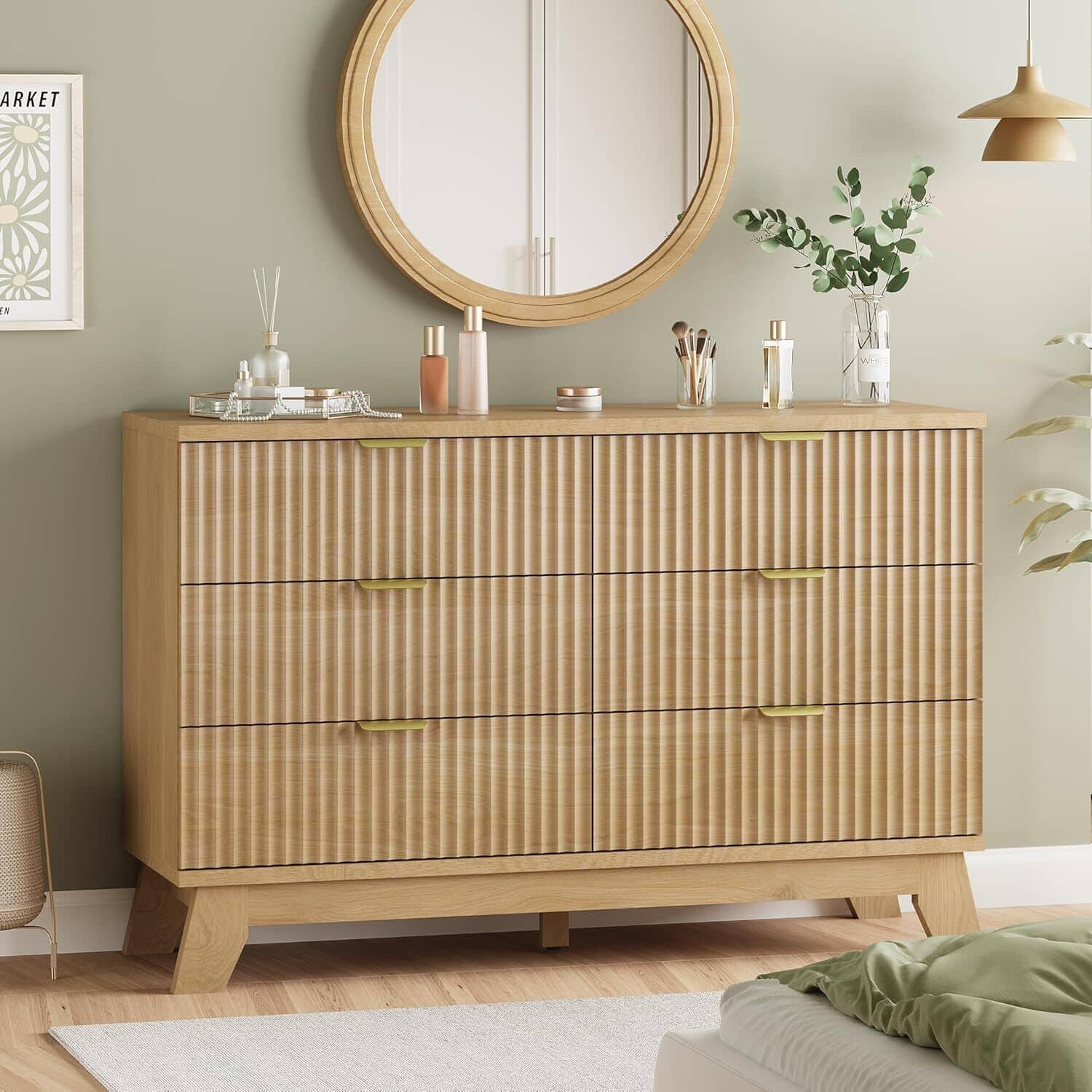 GARVEE - Fluted Dresser for Bedroom with 6 Drawers, 48" Wide Modern Chest of Drawers, Wooden Dresser TV Stand, Oak - Natural