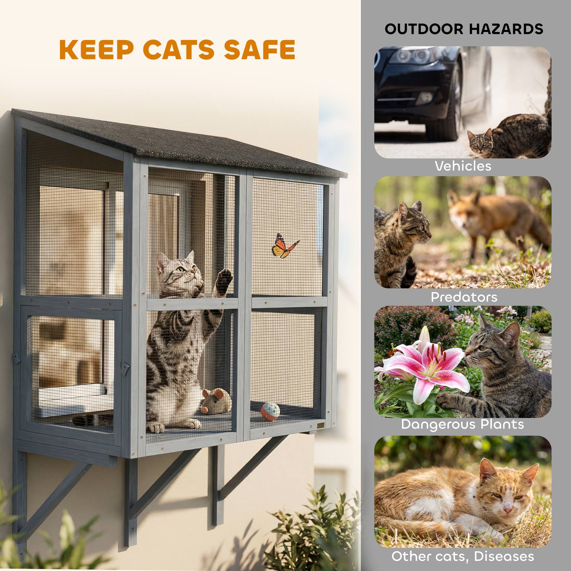 KEEP CATS SAFE

OUTDOOR HAZARDS

- Vehicles
- Predators
- Dangerous Plants
- Other cats, Diseases
