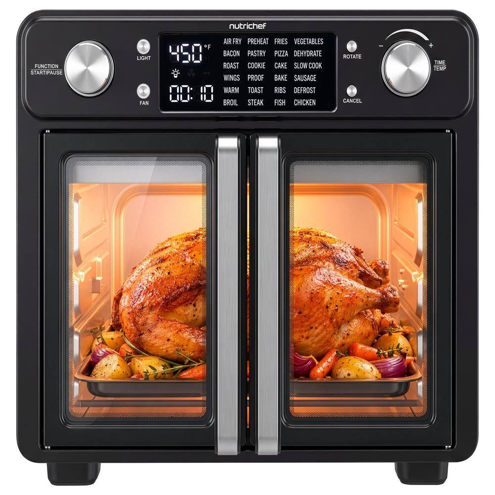 nutrichef

FUNCTION START/PAUSE
LIGHT FAN
AIR FRY PREHEAT FRIES VEGETABLES
BACON PASTRY PIZZA DEHYDRATE ROAST COOKIE CAKE SLOW COOK WINGS PROOF BAKE SAUSAGE WARM TOAST RIBS DEFROST
:00 10 BROIL STEAK FISH CHICKEN
ROTATE CANCEL
TIME TEMP
