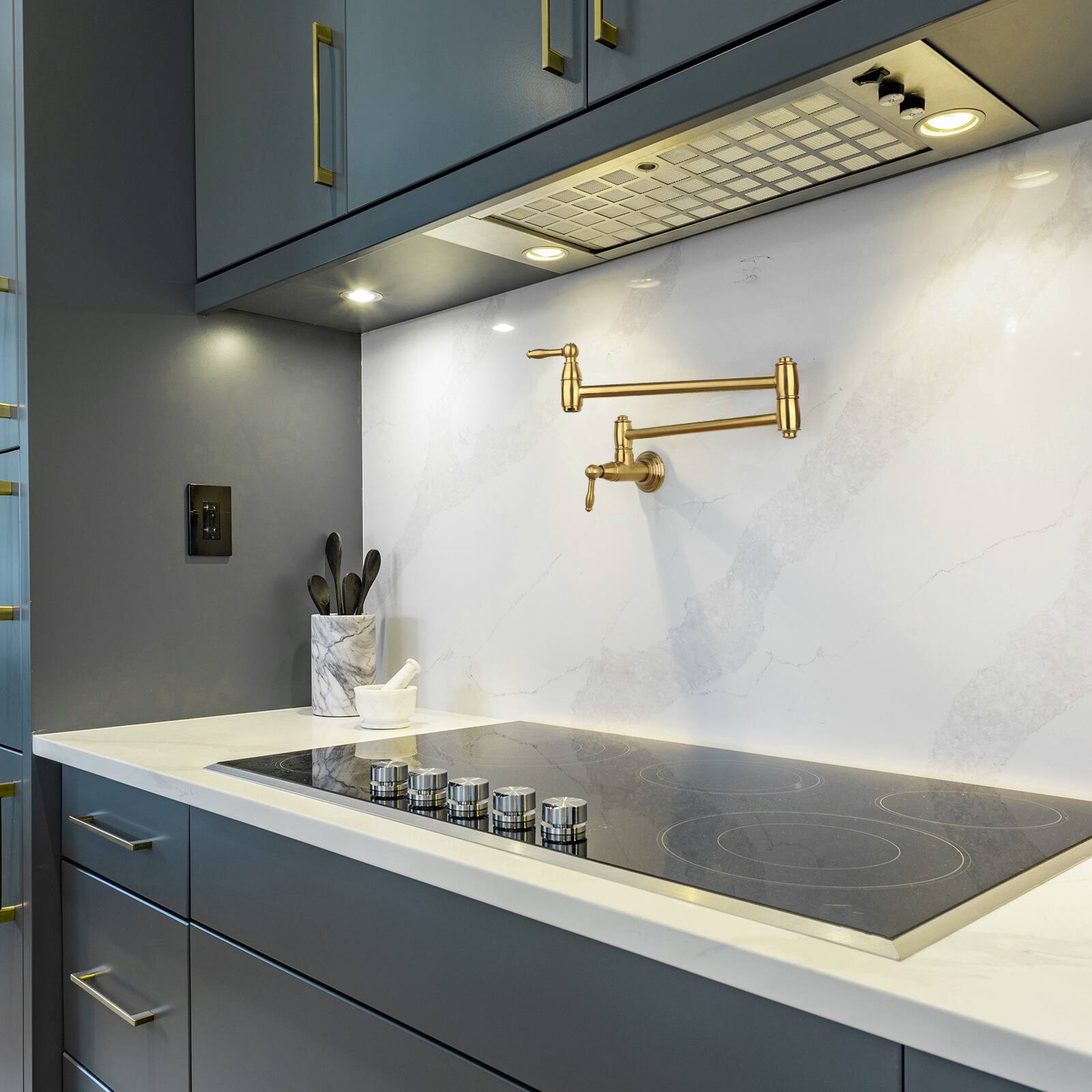Alt View 4. Akicon - Akicon Wall-Mounted Solid Brass Pot Filler Kitchen Faucet with Dual Joint Swing Arms for Stovetop in Brushed Gold - Brushed Gold.