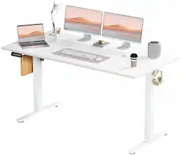 Sweetcrispy - 63" x 24" Modern Electric Adjustable Standing Desk, Rising Gaming Desk with Hooks and Wire Hole for Home Office - White