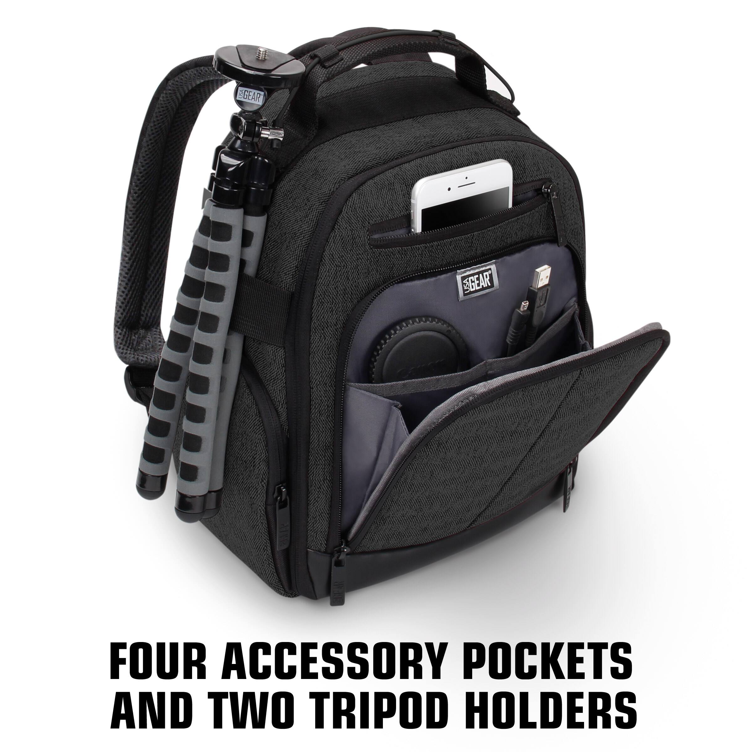 FOUR ACCESSORY POCKETS AND TWO TRIPOD HOLDERS