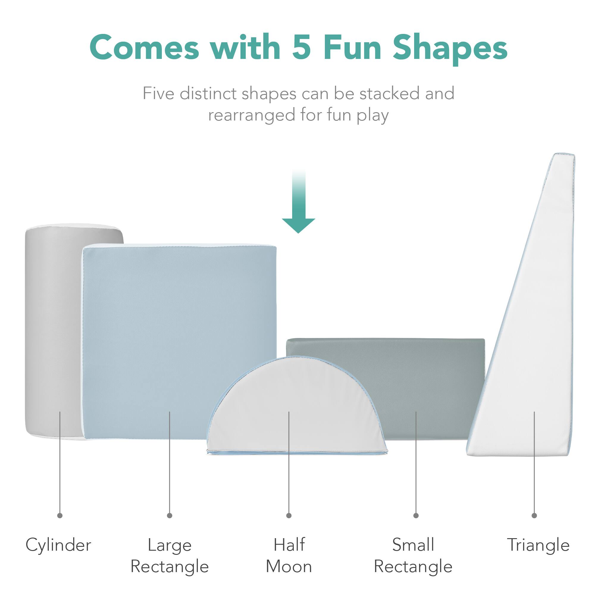 The text in the image can be grouped and corrected as follows:

**Comes with 5 Fun Shapes**

Five distinct shapes can be stacked and rearranged for fun play.

- Cylinder
- Large Rectangle
- Half Moon
- Small Rectangle
- Triangle