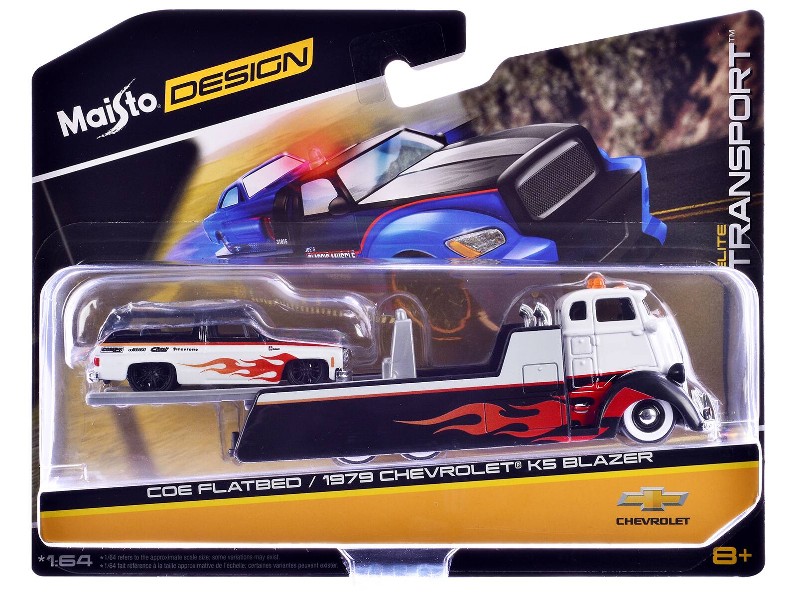 Maisto DESIGN  
PREMIERE ELITE TRANSPORT KS BLAZER / 1979 CHEVROLET COE FLATBED  
1:64  
*1:64 refers to the approximate scale size; some variations may exist  
*1:64 fait référence à la taille approximative de l'échelle; certaines variantes peuvent exister.  
8+