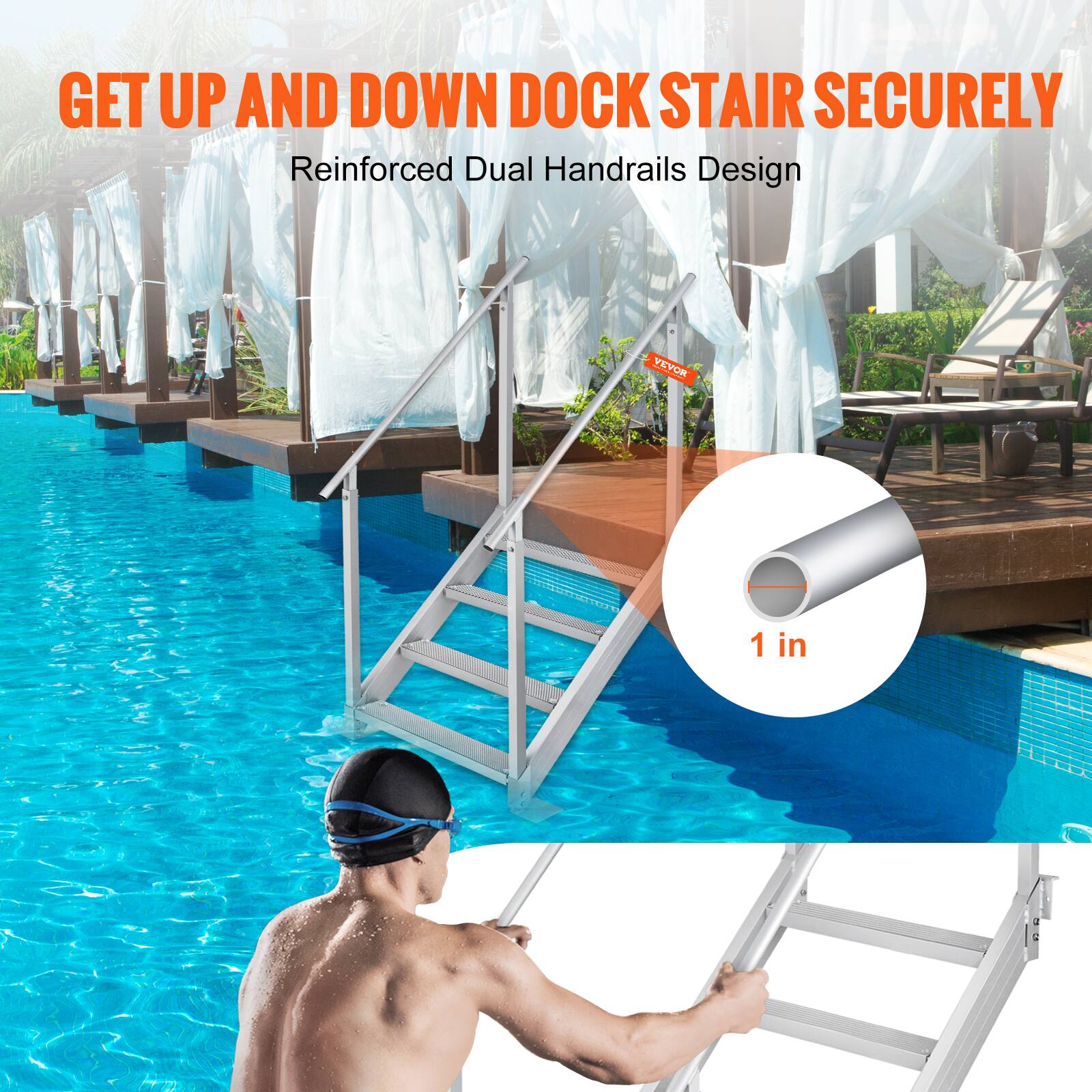 GET UP AND DOWN DOCK STAIR SECURELY  
Reinforced Dual Handrails Design  
1 in