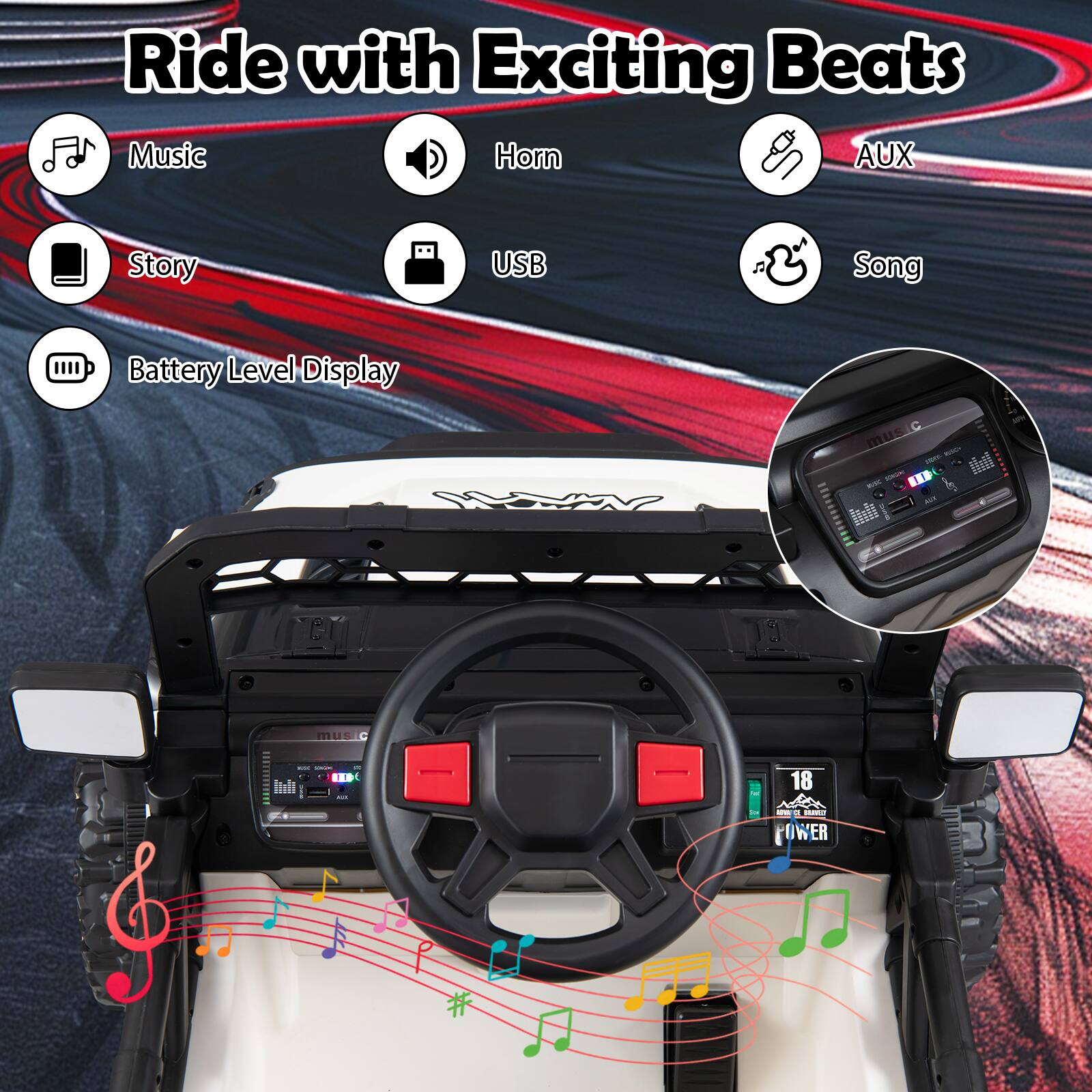 Ride with Exciting Beats Music Horn AUX Story USB Song III Battery Level Display WEN musi XD ... I I mus - - ... Ital - - 18 te -  ma OWER