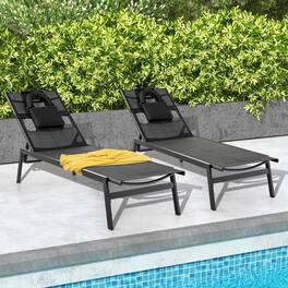 Gymax - 2 Pieces Patio Sunbathing Lounge Chair w/ Face Hole & Detachable Head Pillows Poolside - Black