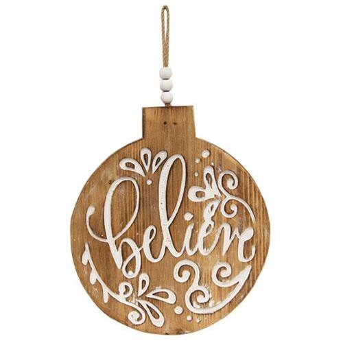Front. BreeBe - *Believe Engraved Bulb Ornament Sign - Brown.