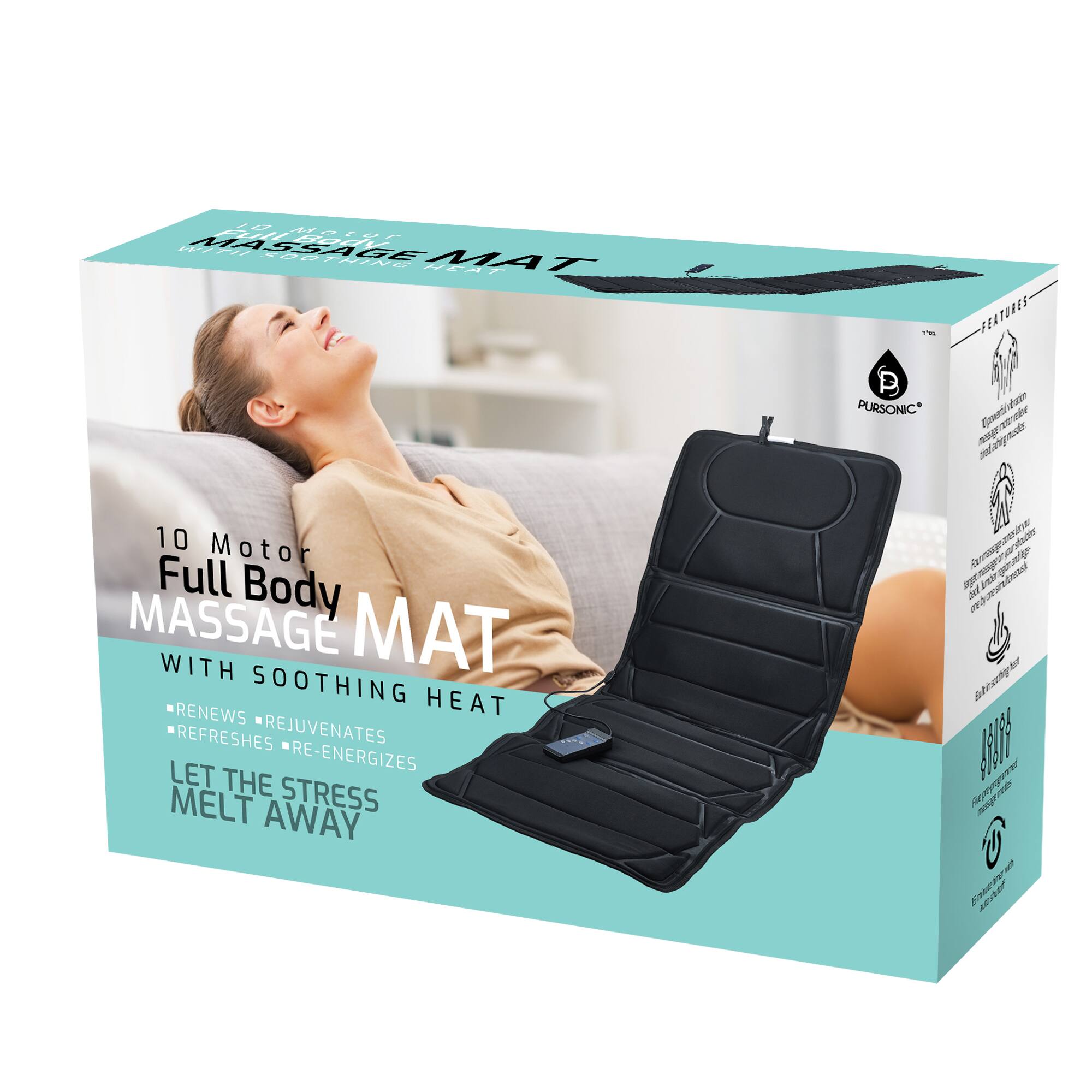 20.08 20 440 H 722 MASSAGE MAT FEAT - B PURSONIC TO BEA

Guden m 10 Motor Full Body MASSAGE MAT WITH SOOTHING HEAT RENEWS REFRESHES REJUVENATES RE-ENERGIZES LET THE STRESS MELT AWAY

205 28 & DA
