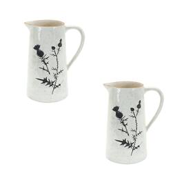 BreeBe - Rustic Thistle Etched Pitcher Vase with Speckled Finish (Set of 2) - White, Black