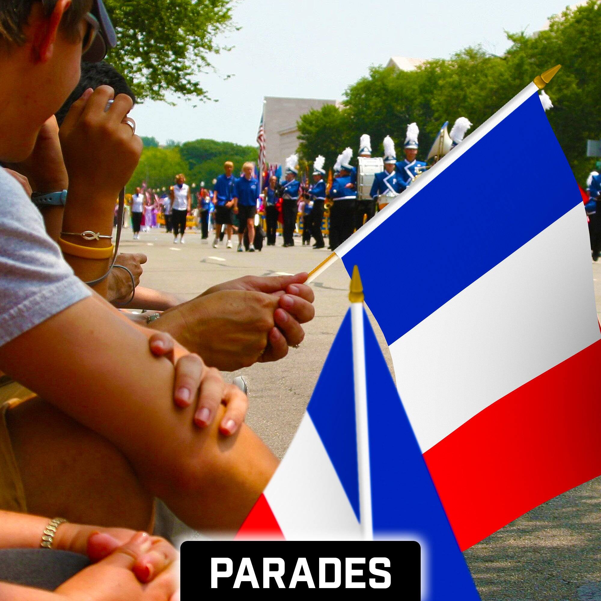 Alt View 1. G128 - 50-Pack Handheld France Flags 12 x 18 in 150D Polyester with Wooden Stick and Gold Spear Tip - Assorted Colors.