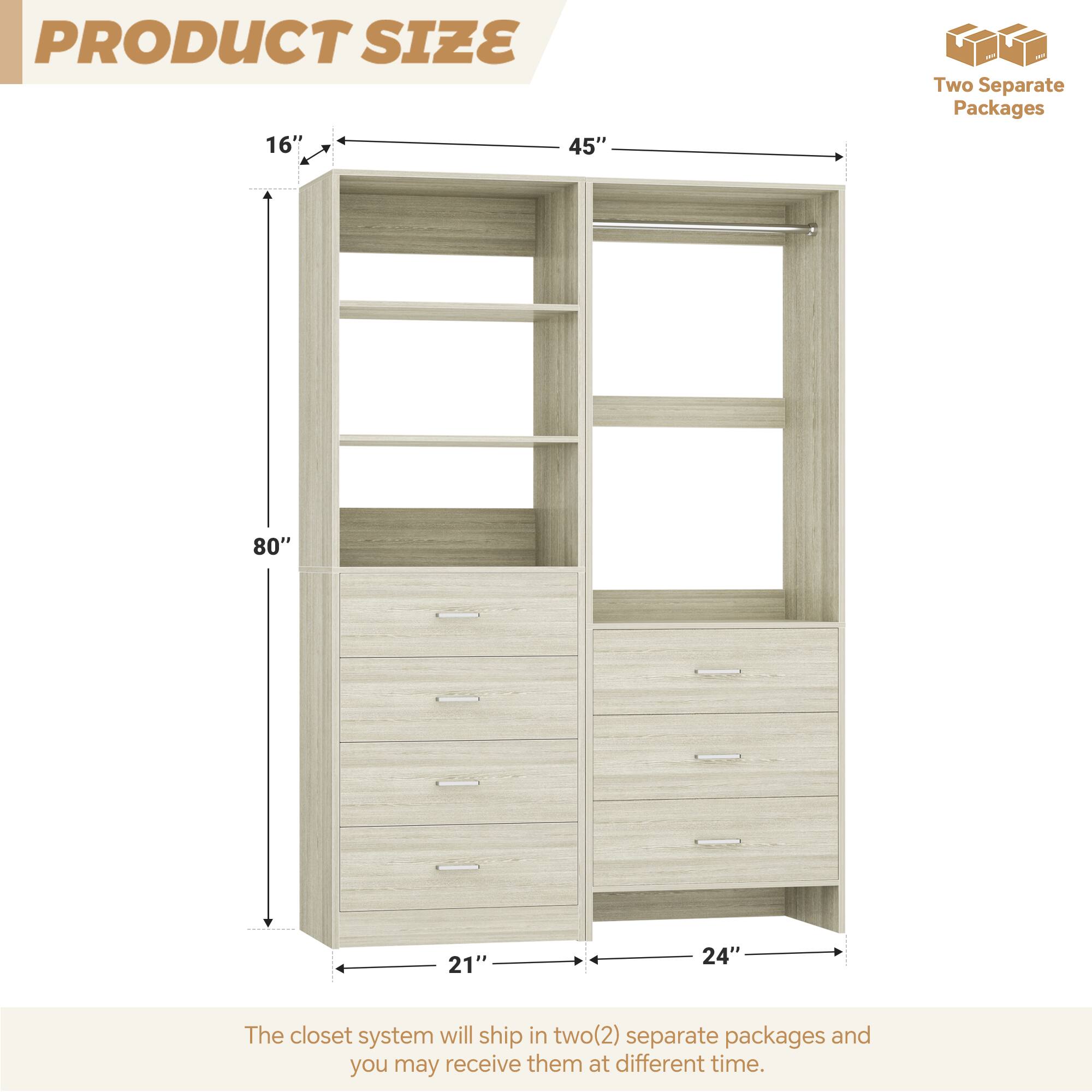 Aheaplus 45'' Closet Organizer System Set of 2 with 7 Drawers, Hanging ...