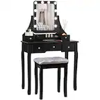 Front. Costway - Costway Vanity Dressing Table Set w/ 10 Dimmable Bulbs Touch Switch Cushion Stool - Black.