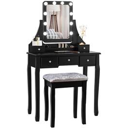 Costway - Vanity Dressing Table Set w/ 10 Dimmable Bulbs Touch Switch Cushion Stool - Black