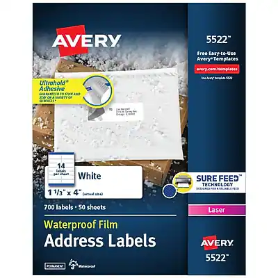 AVERY 5522
Free Easy-to-Use Avery Templates
avery.com/templates
Ultrahold Adhesive
CENTERS PICK AND STICK ON A VARIETY OF SURFACES
14 TABLES
1 1/3" x 4" (General size)
700 labels - 50 sheets
White
Waterproof Film Address Labels
PERMANENT
Waterproof
Laser
SURE FEED TECHNOLOGY
DESIGNED FOR REUSABLE FEED
AVERY 5522