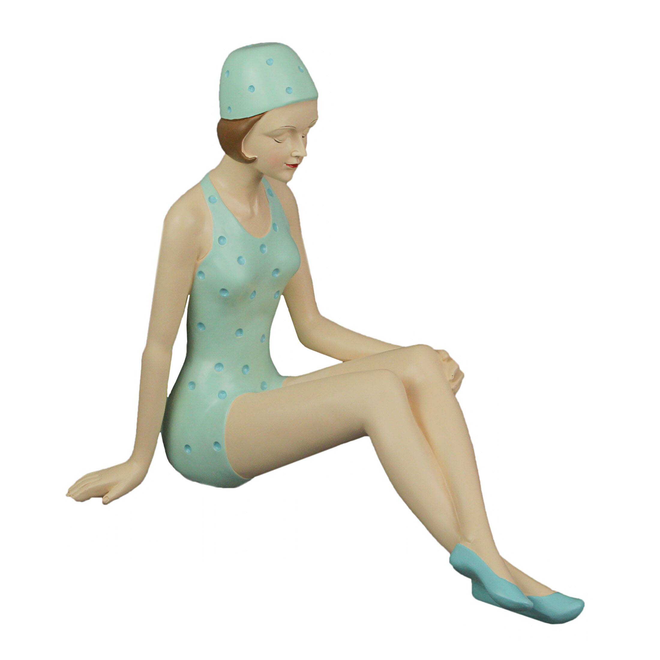 Fancy That - Retro Bathing Beauty Beach Girl Relaxing In Light Blue Polka Dot Swimsuit Statue - Light Green