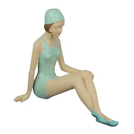 Front. Fancy That - Retro Bathing Beauty Beach Girl Relaxing In Light Blue Polka Dot Swimsuit Statue - Light Green.