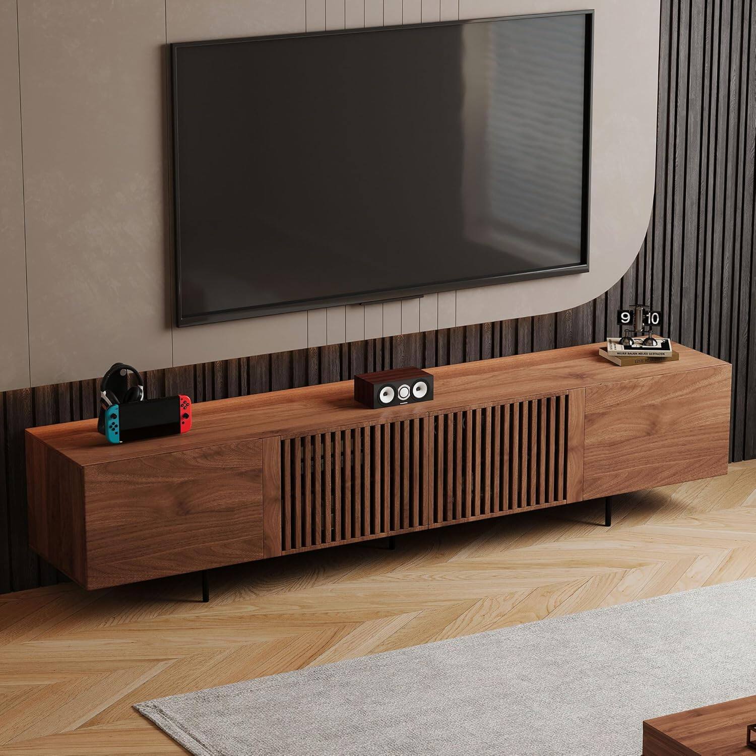 Left. luck idea - 94.48" Fluted Wood TV Stand for TVs Up to 100", Modern Walnut Media Console with Soft Close Doors & Cable Holes - brown.