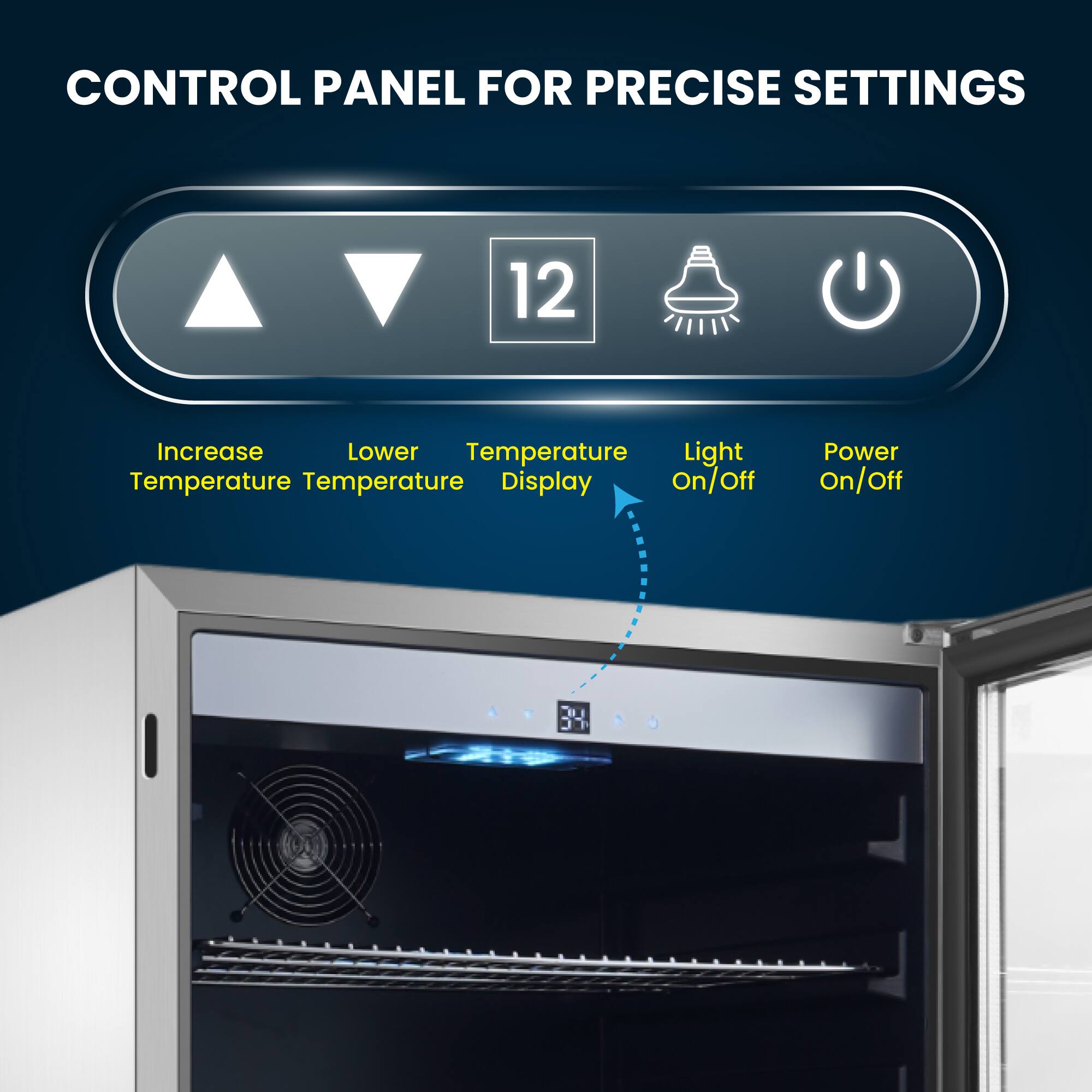 CONTROL PANEL FOR PRECISE SETTINGS

- Increase Temperature
- Lower Temperature
- Temperature Display
- Light On/Off
- Power On/Off