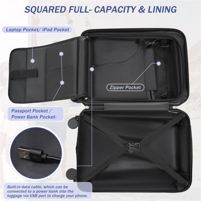 SQUARED FULL-CAPACITY & LINING

Laptop Pocket / iPad Pocket

Zipper Pocket

Passport Pocket / Power Bank Pocket

Built-in data cable, which can be connected to a power bank into the luggage via USB port to charge your phone.