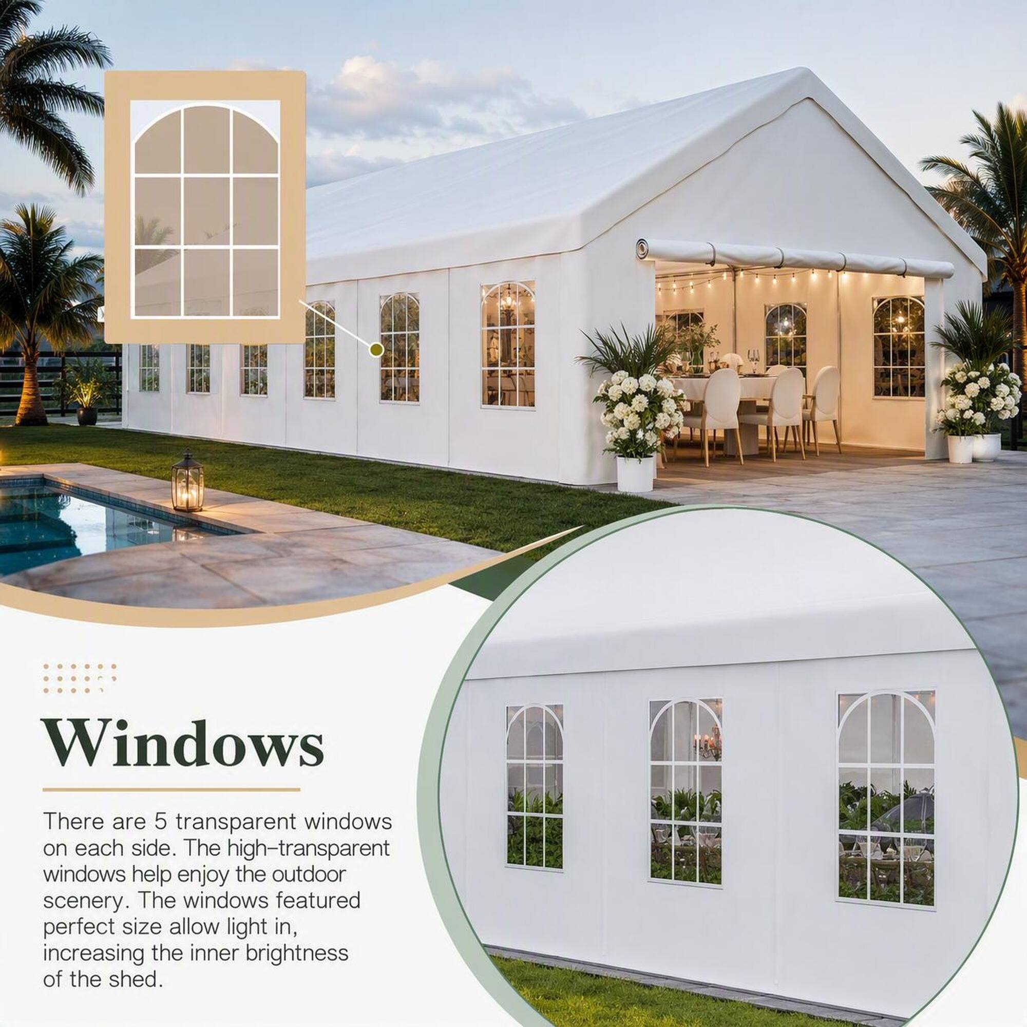 Windows

There are 5 transparent windows on each side. The high-transparent windows help enjoy the outdoor scenery. The windows featured perfect size allow light in, increasing the inner brightness of the shed.
